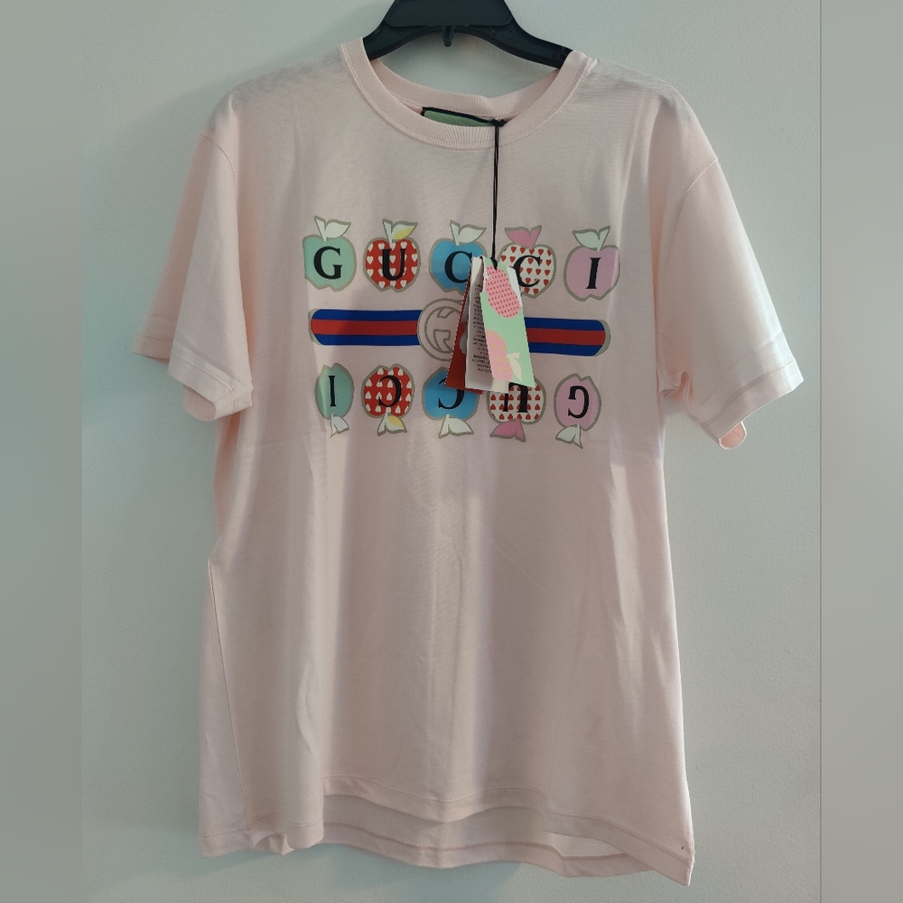 Authentic Gucci Women GG apple print T-shirt pink XS New